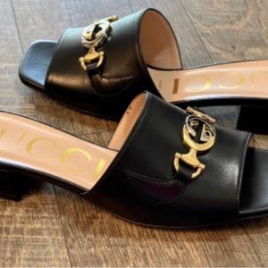 Gucci Interlocking GG Horsebit Black Leather Slide Sandal EU size 36.. NEW